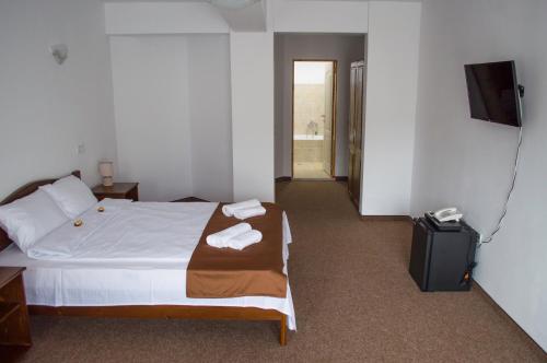 a hotel room with a bed and a television at Pensiune Casa Ampeia in Alba Iulia