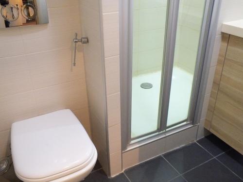 a bathroom with a toilet and a glass shower at Apartments Pavle in Kopaonik