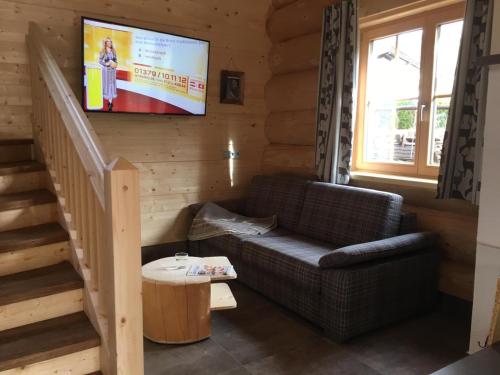a living room with a couch and a television at Chalet Karin in Hochfilzen