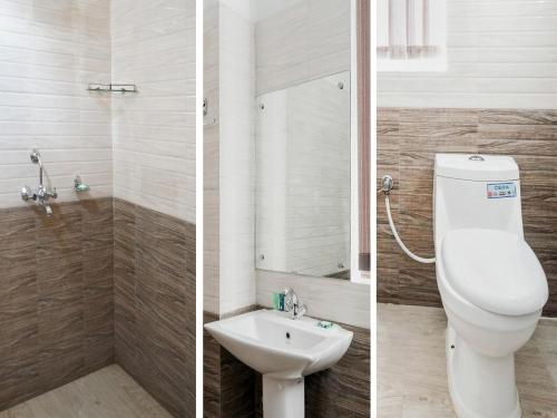 Duas fotografias de uma casa de banho com WC e lavatório. em Pemaling Lords Eco Inn Guwahati em Guwahati