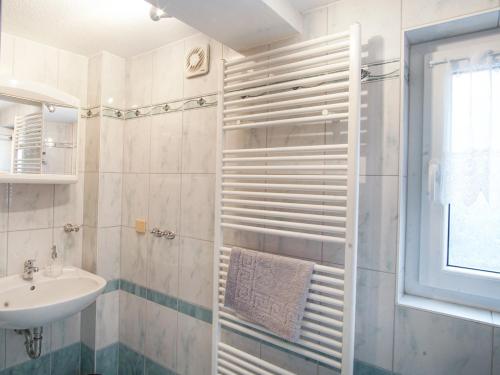 ein Bad mit einem Waschbecken und einer Dusche in der Unterkunft Ferienwohnung in der Telle in Schmalkalden