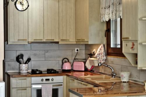 a kitchen with a sink and a counter top at Chalet Coquelicot (Co-cli-co) relax in nature in Kalavrita