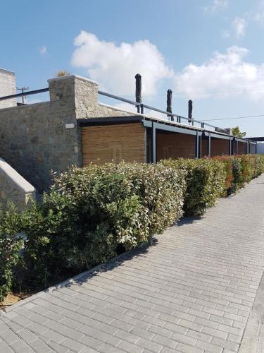 a row of bushes in front of a building at My Mykonos Hotel in Mýkonos City