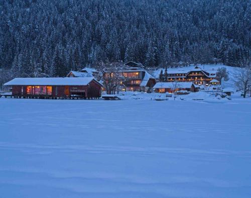 a house in the snow next to a snow covered field at Seehotel Enzian in Weissensee