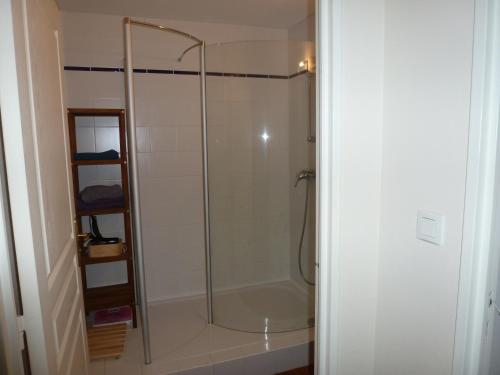 une douche avec une porte vitrée dans une salle de bain dans l'établissement Appartement 3 pièces coeur de ville, à Lorient
