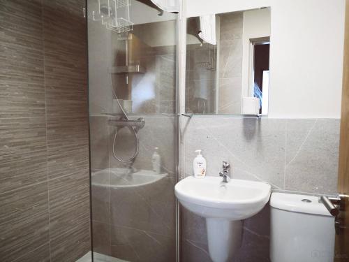 a bathroom with a sink and a toilet and a shower at Homely Serviced Apartments - Figtree in Sheffield