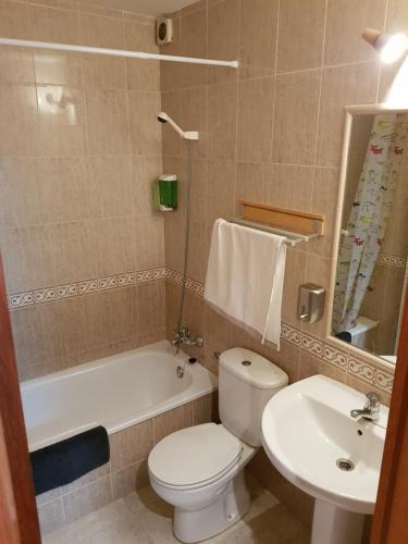 uma casa de banho com um WC branco e um lavatório. em Apartamentos Nilsson, Casa Botigue, centro de Plan em Plan