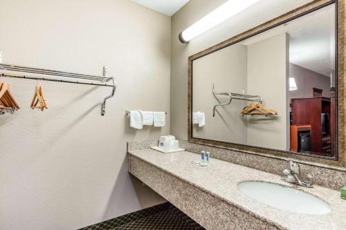 a bathroom with a sink and a mirror at Rodeway Inn Prattville I-65 in Prattville