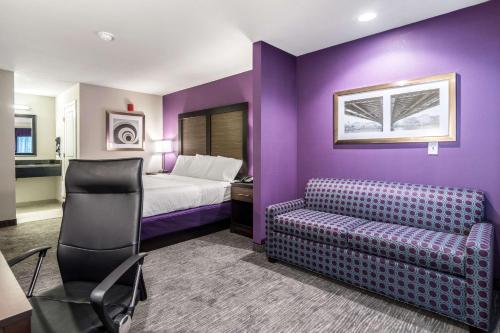 a hotel room with purple walls and a bed and a couch at Econo Lodge Inn & Suites North Little Rock near Riverfront in North Little Rock