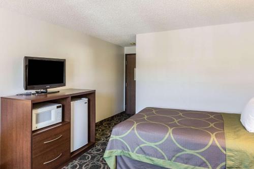 a hotel room with a bed and a flat screen tv at Rodeway Inn in Leadville