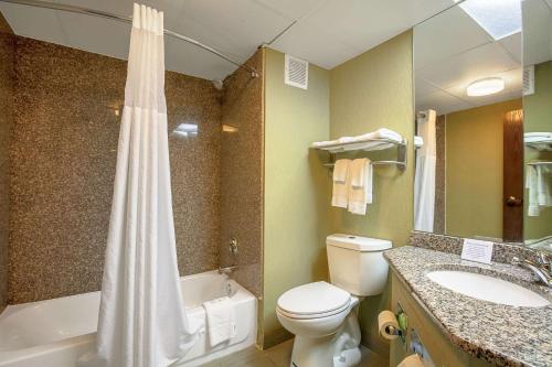Un baño con inodoro, lavabo y ducha. en Quality Inn Holly Springs South, en Holly Springs