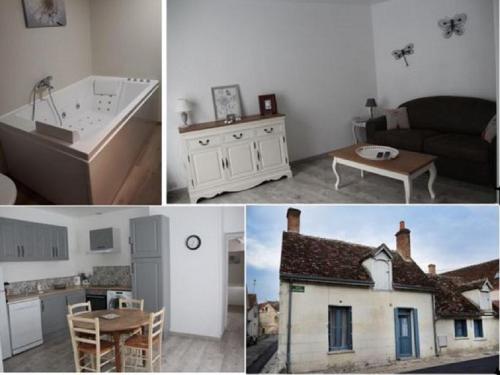 un collage de quatre photos d'une cuisine et d'une salle de bains dans l'établissement Location BALNEO DUO près zoo de Beauval, à Selles-sur-Cher