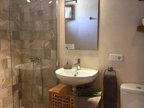 a bathroom with a sink and a shower with a mirror at Sa Estada in Sineu