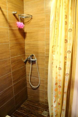 a shower with a shower curtain in a bathroom at Guest House Pid Dubom in Lviv