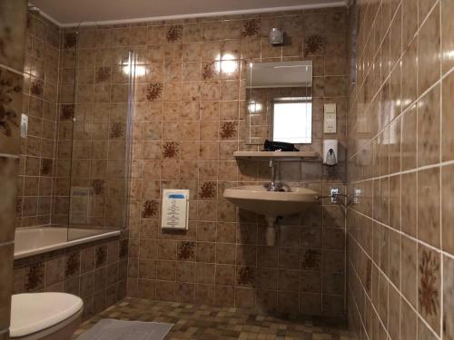 bagno con lavandino, servizi igienici e specchio di Mimosa Hotel a Valkenburg