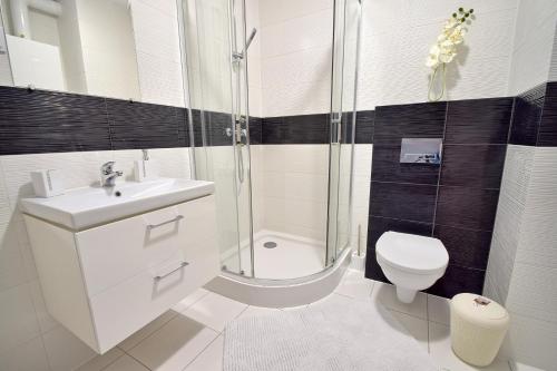 a bathroom with a toilet sink and a shower at Apartament Cinema in Mielno