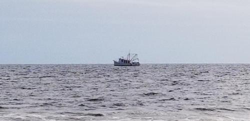 a boat sitting in the middle of the ocean at Blue Crab Cove in Oak Island