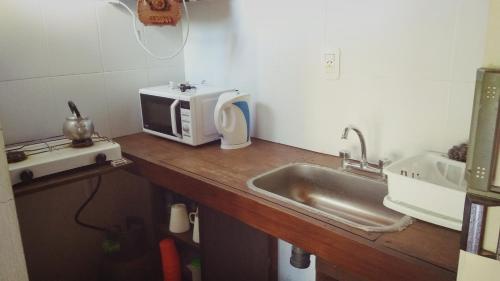 a kitchen counter with a microwave and a sink at Tierra Mandarina Cabañas in Gualeguaychú