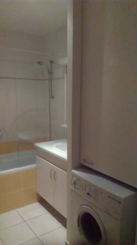 La salle de bains est pourvue d'un lave-linge et d'une douche. dans l'établissement les fermes du lacs, à Gérardmer