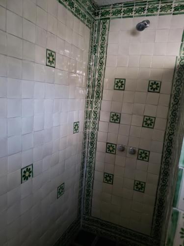 a bathroom with a shower with white tiles and a mirror at Ex-Hacienda San Buenaventura in San Lorenzo Soltepec
