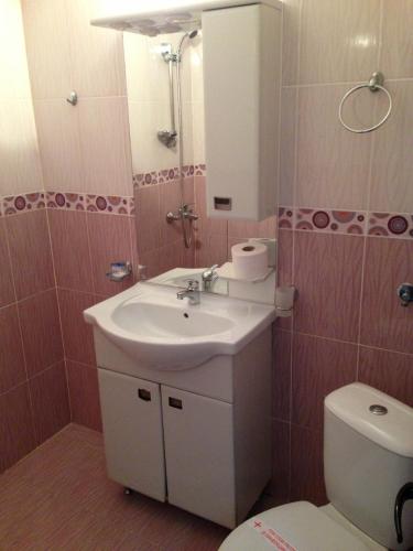 a bathroom with a sink and a toilet at Семеен хотел Катерини in Sinemorets