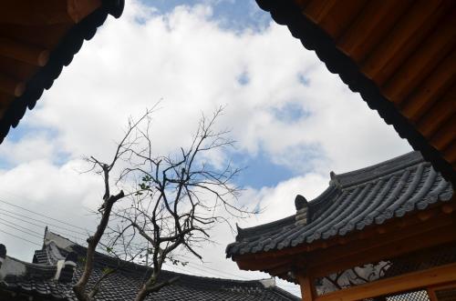 a tree in front of a building with a cloudy sky at Sarangroo in Jeonju
