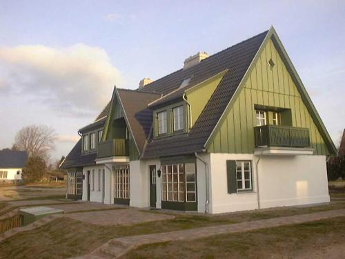 a green and white house with a black roof at Haus am Achterwasser Whg "Kapitän Nemo" in Ueckeritz