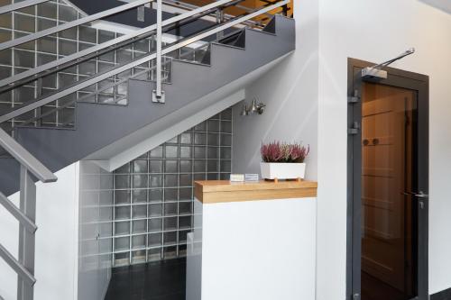 a hallway with stairs and a door and a plant at Gertrudy Old Town Apartments in Kraków