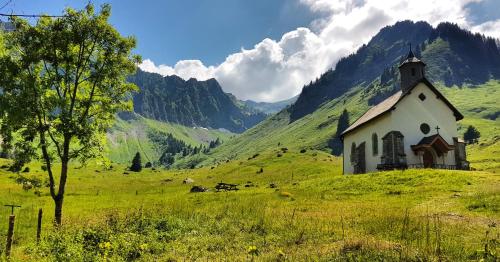 a church on a green field with a mountain at Hotel Le Ferraillon in Abondance
