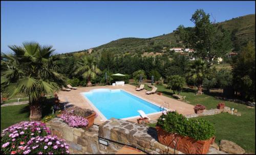 una piscina in un cortile con alberi e una montagna di Villa Tresino B&B a Santa Maria di Castellabate