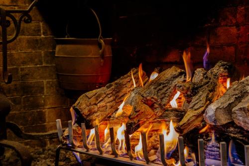 a pile of meat cooking in a fireplace at Colgate Inn in Hamilton