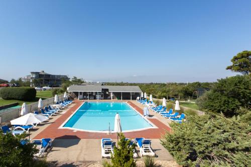 a swimming pool with lounge chairs and umbrellas at Driftwood Resort on the Ocean in Montauk