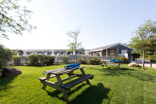 two picnic tables in the grass in a yard at Driftwood Resort on the Ocean in Montauk