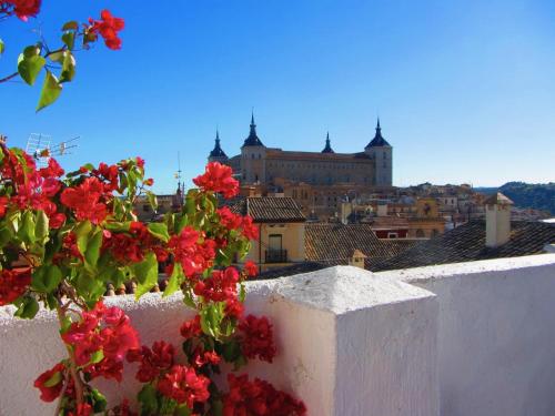 a view of a city from a white wall with red flowers at La Plata in Toledo