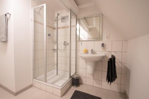 y baño con ducha y lavamanos. en BITO CAMPUS, en Meisenheim