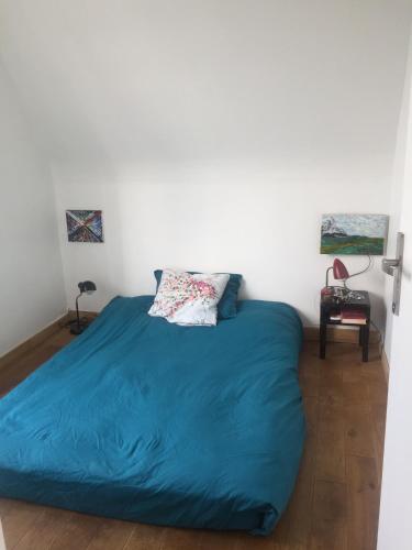 パリにあるSharing flatのベッドルーム1室(大型ベッド1台、青い毛布付)