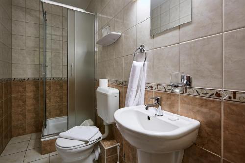 a bathroom with a toilet and a sink at Pihenőkereszt Panzió in Sopron