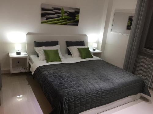 1 dormitorio con 1 cama grande con almohadas verdes en Apartman SONAS with free private parking, en Karlovac
