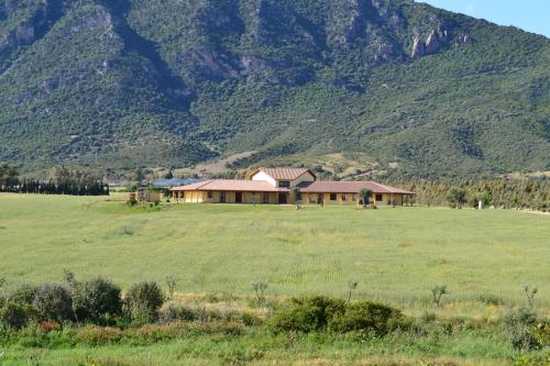 ein Haus auf einem Feld vor einem Berg in der Unterkunft Saludi&Trigu - Rural Apartments in Iglesias