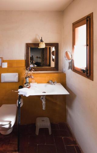a bathroom with a sink and a toilet and a mirror at Mas Teixidor in Crespiá