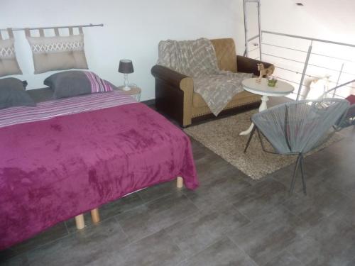 a bedroom with a bed and a couch and a table at Gite Au Cheval D'or in La Meilleraie-Tillay