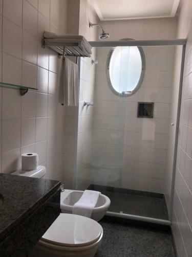 a bathroom with a toilet and a shower with a window at Regent Park Suite Hotel in São Paulo