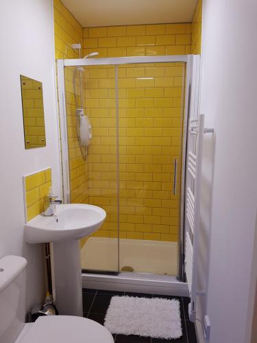 y baño con ducha, lavabo y aseo. en Leckhampton Road Apartments - Cheltenham en Cheltenham