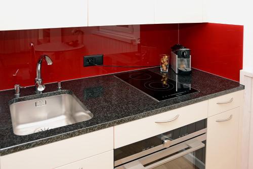 uma cozinha com um lavatório e uma parede vermelha em Studio 25 Davos Platz em Davos