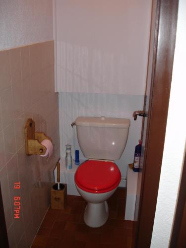 La salle de bains est pourvue de toilettes avec un siège rouge. dans l'établissement Appartement les Carroz d'Arraches, aux Carroz d'Arâches