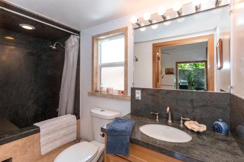a bathroom with a sink and a toilet and a mirror at Mango Retreat in Kailua-Kona