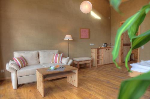 a living room with a couch and a table at Hotel Gutshaus Parin - Bio- und Gesundheitshotel in Parin