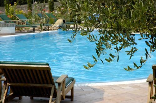 a large blue swimming pool with a bench and a chair at Villa Madrina Lovely and Dynamic Hotel in Garda