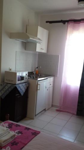 a small kitchen with a sink and a stove at Eva Apartments in Svoronata