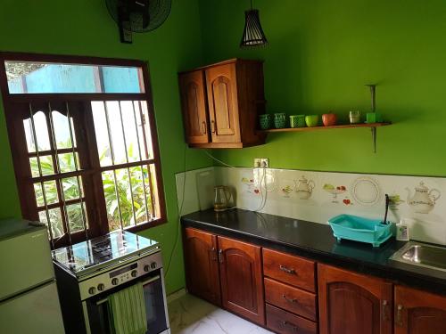 una cucina verde con piano cottura e lavandino di Holiday home Bouncer's Place a Hikkaduwa